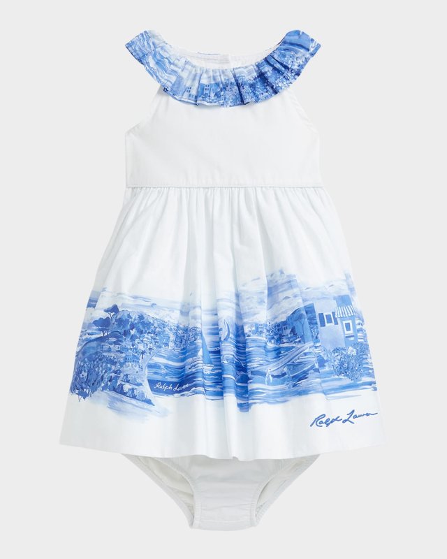 Girl's Seaside-Print Dress W/ Bloomers, Size 9M-